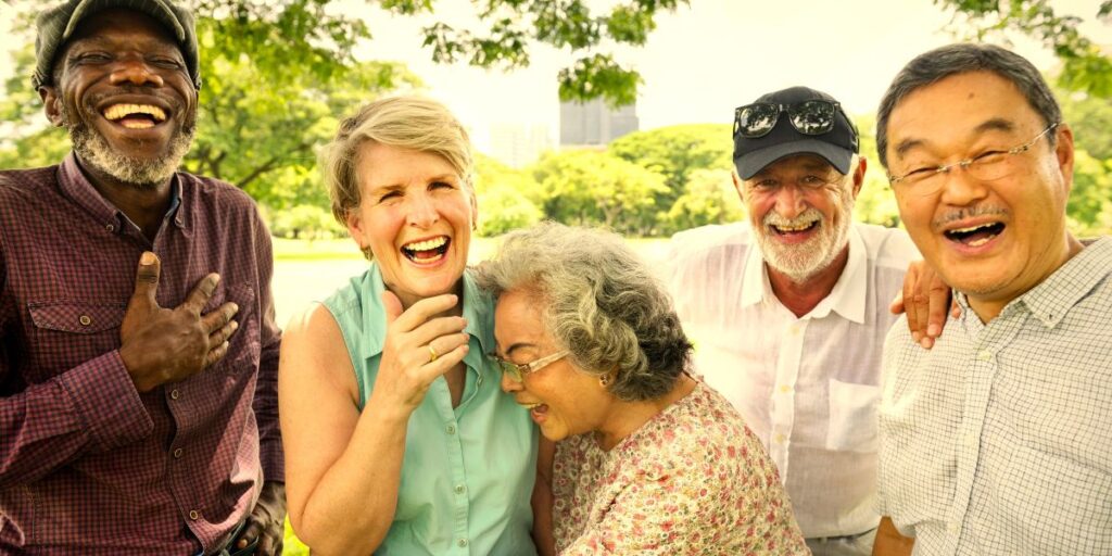 A group of senior friends going for a walk at their Glendale assisted living community